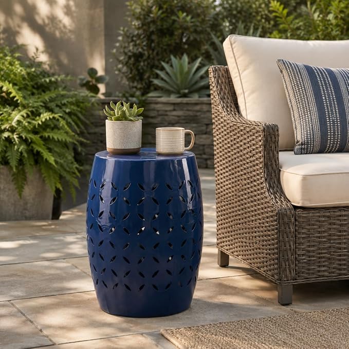 12" Outdoor Side Table, Metal Round Side Table, Multi Functional Decorative Cutout, Coffee Table, Night Stand, Plant Stand for Patio, Garden, Backyard, Gazebo Indoor (Dark Blue)