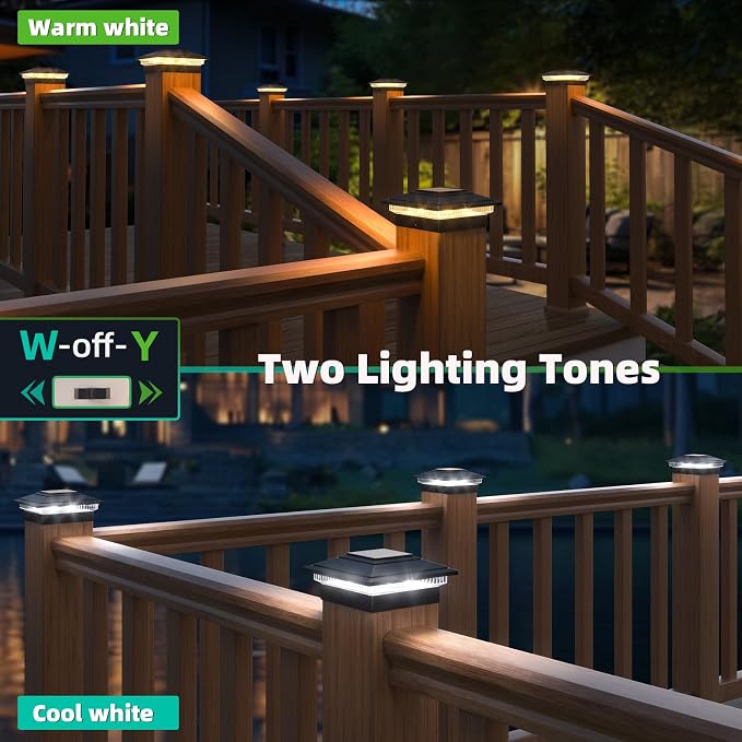 Post Caps Lights Outdoor 6pack, Waterproof Fence Post Solar Lights for 4x4 5x5 6x6 Wood/Vinyl Posts, Black Solar Deck Post Lights with 2 Color Modes Decorate Garden Patio Porch Backyard
