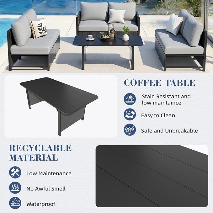 MELLCOM 7 Pieces Patio Furniture Set, Modern Sectional Sofa, All Weather Outdoor Conversation Set with Cushions & Table, Gray