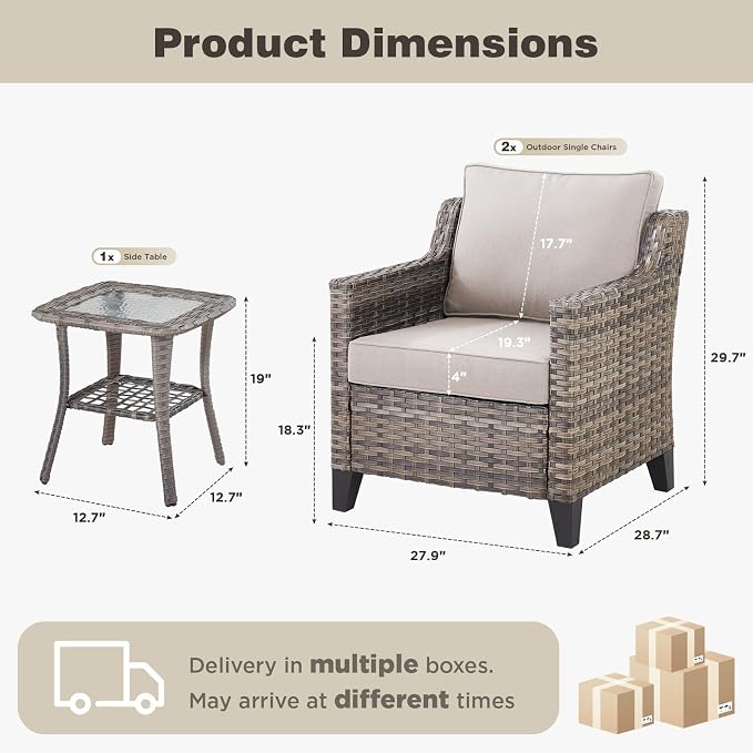 Belord Patio Chairs Set with Side Table, Outdoor Rattan Chairs for Deck Porch Garden, 3 Piece Luxury Patio Furniture Set, Beige