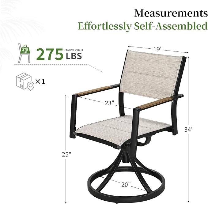 Patio Swivel Chairs Set of 2, Outdoor Swivel Rocker Dining Chair, Outdoor Dining Chair, All Weather Patio Chair with Textilene & Aluminium Frame for Outdoor Poolside Lawn, Brown Armrest