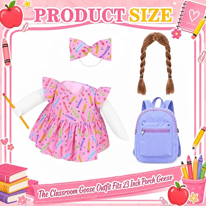 JcHrmers Back to School Goose Outfit Crayon and Pencil Goose Clothes Fits 23" Cement Plastic Geese Statue for School Classroom Outdoor Garden Yard Patio Statue Art Decor (Pink)