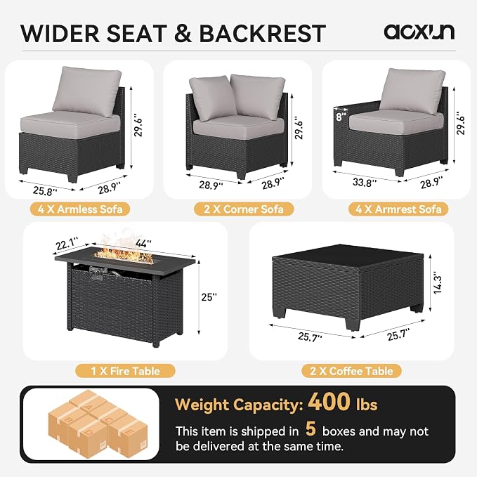 Aoxun Patio Furniture Sets with 44'' Fire Pit, 13 Pcs Outdoor Patio Coversation Set with 4in Thicken Cushion, Widen Armrests Wicker Outdoor Sectional for Backyard