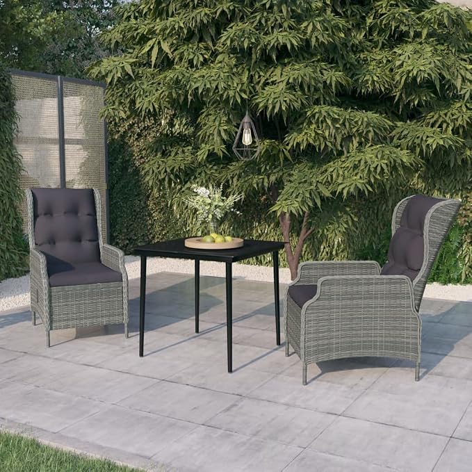 3 Piece Patio Dining Set Light Gray Outdoor Rattan Furniture with Reclining Chairs, Cushions and Glass Table for Garden Balcony Deck Breakfast Coffee Conversation