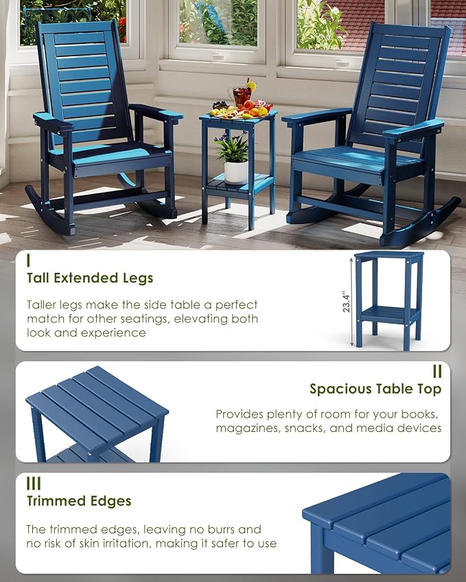 GREENVINES Tall-Outdoor-Side-Table | 23.5" | HDPE Plastic | Patio Adirondack End Tables | All Weather | 2-Tier | Blue | for Porch Garden Indoor & Rocking Chairs