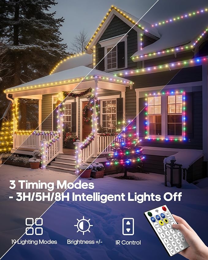 ICRGB Solar Rope Lights Outdoor, 66Ft 200LED 1800mAh Christmas String Lights with Remote, Type C, 19 Modes & Timer, IP67 Waterproof, Solar Light for Tree Patio Porch, Warm White to Multicolor | Type C & Solar, 19 Modes, Waterproof, With Remote, Timer, ...