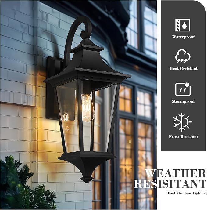 Emliviar 29.3 Inch Trendy Outdoor Wall Sconce, Large Exterior Wall Light for Porch Patio, Clear Glass in Black Finish, XE292B-L BK