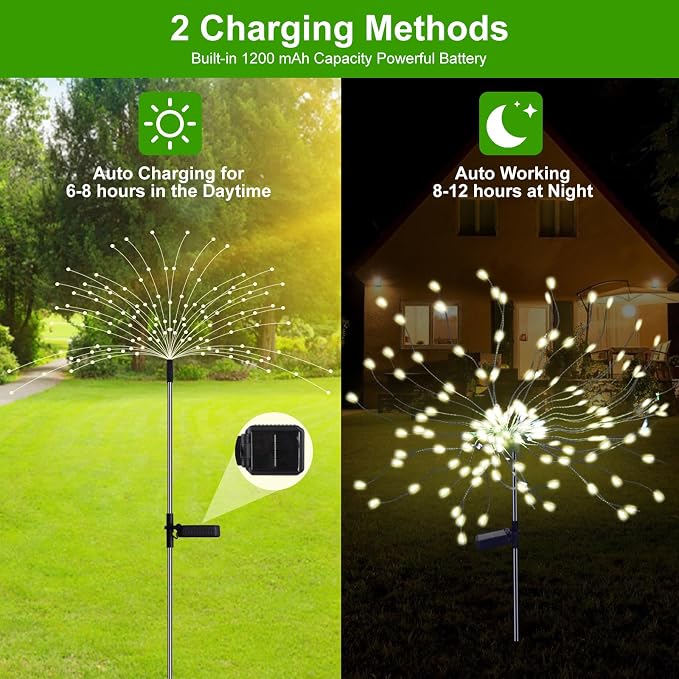 PXBNIUYA 2 Pack Solar Firework Lights Outdoor, 175 LED Garden Lights with 2 Modes, Waterproof DIY Copper Wire Solar Starburst Light for Yard Wedding Patio Halloween Christmas Decor（Warm White）