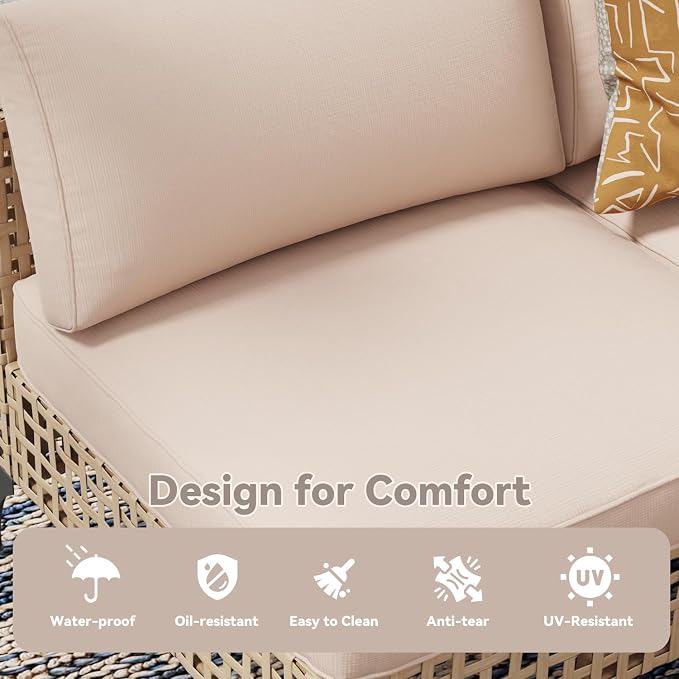 U-MAX 7-Piece Patio Furniture Set with Tea Table, Boho Outdoor Furniture Set Sectional Sofa Wicker Conversation Set with Light Brown Rattan&Beige