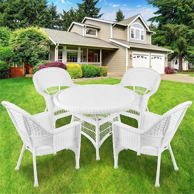 Pemberly Row 5-Piece Resin Wicker Outdoor Patio Dining Set, White Finish, Includes 4 Chairs and 1 Table, Steel Frame, All-Weather Fade-Proof Wicker, Durable Design for Deck, Patio, or Poolside Use