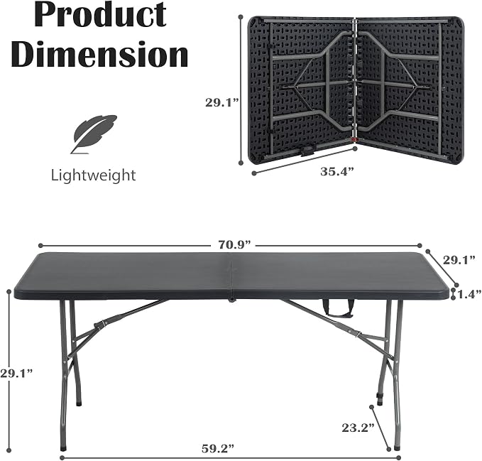 Black Folding Tables 6Ft Outdoor Dining Table, Portable Fold Up Lightweight Foldable Desk, 6 Foot Folding Desk Picnic Table Party Tables Camping Table, Plastic Beach Table Patio Outdoor Furniture