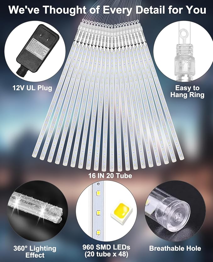 Christmas Rain Lights Outdoor 16 Inch 20 Tubes,Shine White | Waterproof Meteor Shower Falling Icicle String Lighting for Xmas Tree Yard House Decor Thanksgiving New Year Holiday Decor