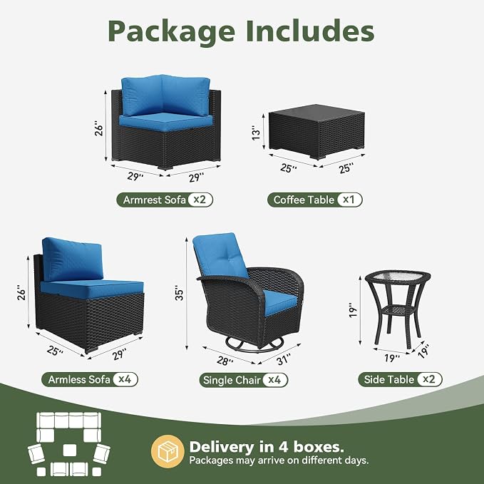 Aoxun 13 Piece Outdoor Patio Furniture Set with Coffee Table, Wicker Rattan Outdoor Furniture with High Back Swivel Rocker Chairs, Outdoor Conversation Set with Thick Cushion, Peacock Blue
