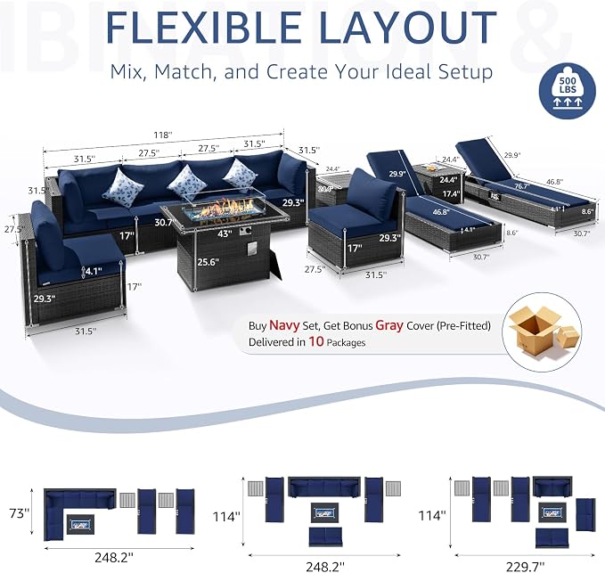 NICESOUL 11-Piece Patio Furniture with Chaise Lounge, Modern Wicker Outdoor Sectional with Fire Pit, Comfortable 29.3'' High-Back Conversation Seating, Heavy Duty All-Weather Couch Set, Grey & Blue
