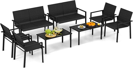 HAPPYGRILL 8 Pieces Wicker Patio Conversation Set with Coffee Table, PE Rattan Chairs with Galvanized Metal Frame, Outdoor Table and Chairs Set for Small Space, Balcony, Poolside, Backyard (Black)