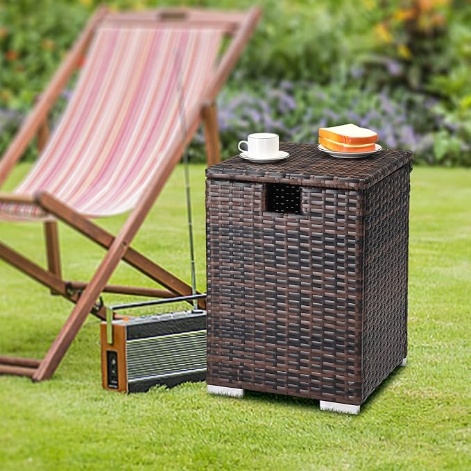 22.4in Outdoor Rattan Side Tables,Iron Frame Gas Bottle Storage Bin,Waterproof Patio Coffee Side Tables,All-Weather PE Wicker End Table,with Lid,for Garden Porch Poolside Deck Backyard (Brown)