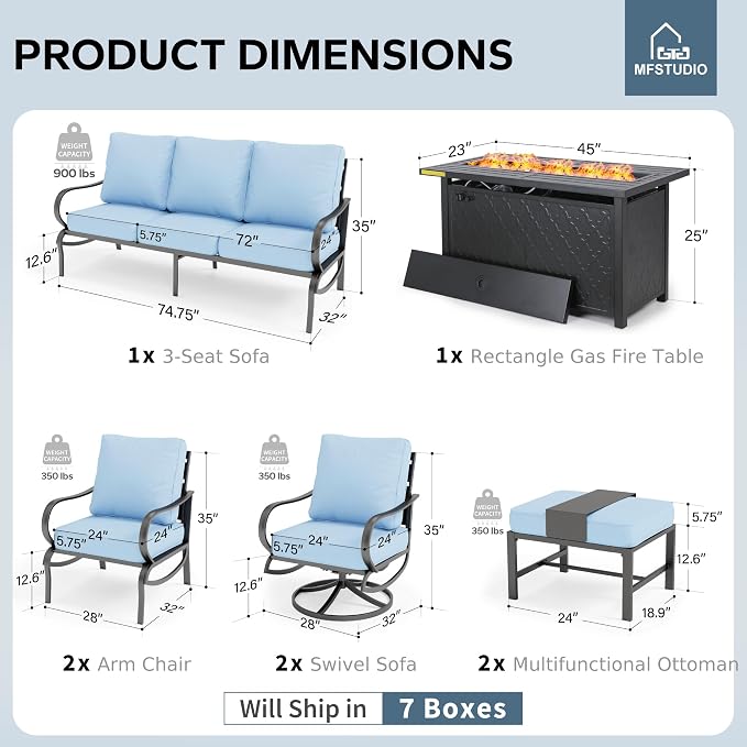 MFSTUDIO Patio Furniture Sets with 45" Gas Fire Pit Table, 8 Pieces Outdoor Metal Conversation Sets with 1 x 3-Seat Sofa, 2 Single Chairs, 2 Swivel Chairs and 2 Ottomans, Blue Cushion