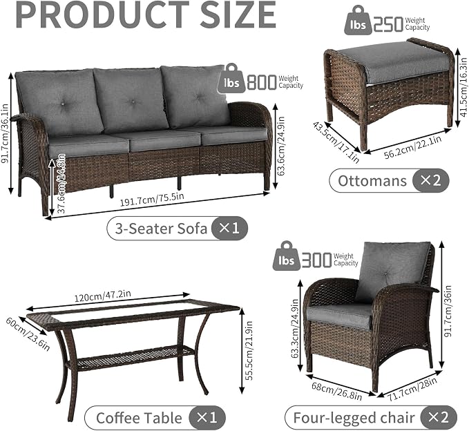 Outdoor Swivel Rocker Patio Chairs (Brown Wicker/Grey Cushion, 6PC/Sofa & Chair &Coffee Table & Ottomans)