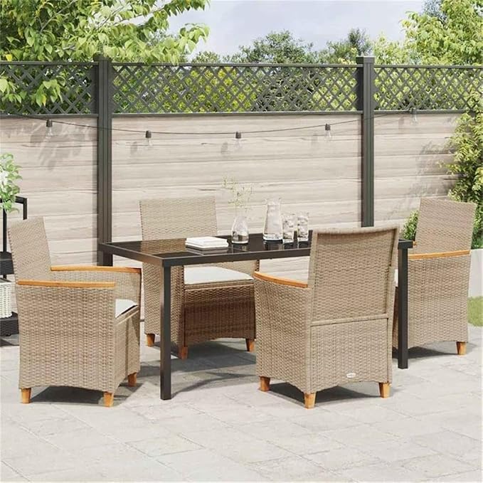 Afuera Living 5 Piece Poly Rattan Garden Dining Set, Brown Finish, Weather-Resistant UV-Protected Material, Steel Frame, Glass Top, Seating for 4, Modern Outdoor Patio or Garden Furniture for Dining