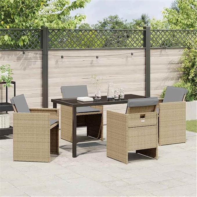 Afuera Living 5 Piece Poly Rattan Garden Dining Set, Beige Cushions, Tempered Glass Tabletop, Powder-Coated Steel Legs, Foldable UV-Resistant Chairs, Modern Patio Set for Outdoor Dining or Gatherings