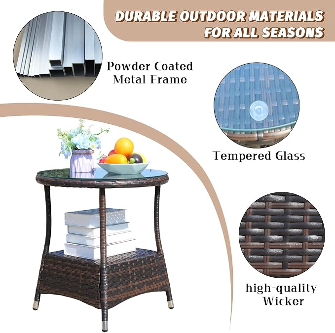 Outdoor Rattan Patio Side Tables, Wicker Table with Clear Tempered Glass Top, Patio End Tables with Storage Shelf, Outdoor Small Tables for Patio,Porch,Balcony,Backyard (Brown, 21.00 Inch)