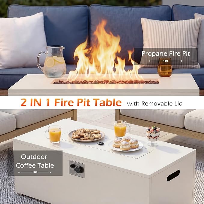 ECOTOUGE 8-Piece Half-Moon Curved Patio Furniture Set with Fire Pit Table, Wicker Rattan Sectional Sofa with Thick Cushions, Outdoor Conversation Set for Backyard Garden No Tank Cover(Blue, White)