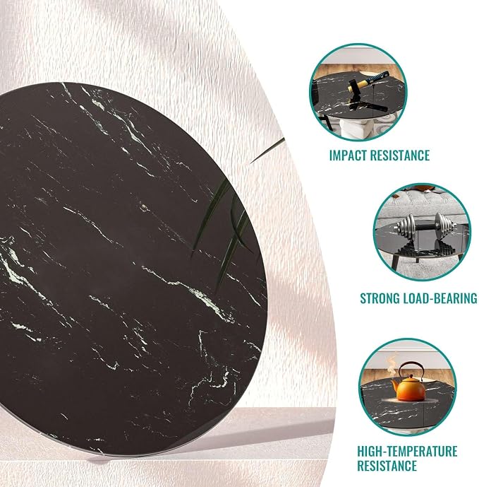 24 Inch Round Black Marble Glass Table Top, 8mm Thick Tempered Glass Tabletop for Dining Tables, Coffee Tables, Patio Tables