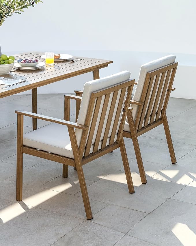Outdoor Patio Dining Chair Set of 2, Never-Rust Outdoor Aluminum Patio Chairs with Thickened Cushions, Patio Dining Furniture Chairs Set for Garden, Backyard, Porch, Lawn, Teak