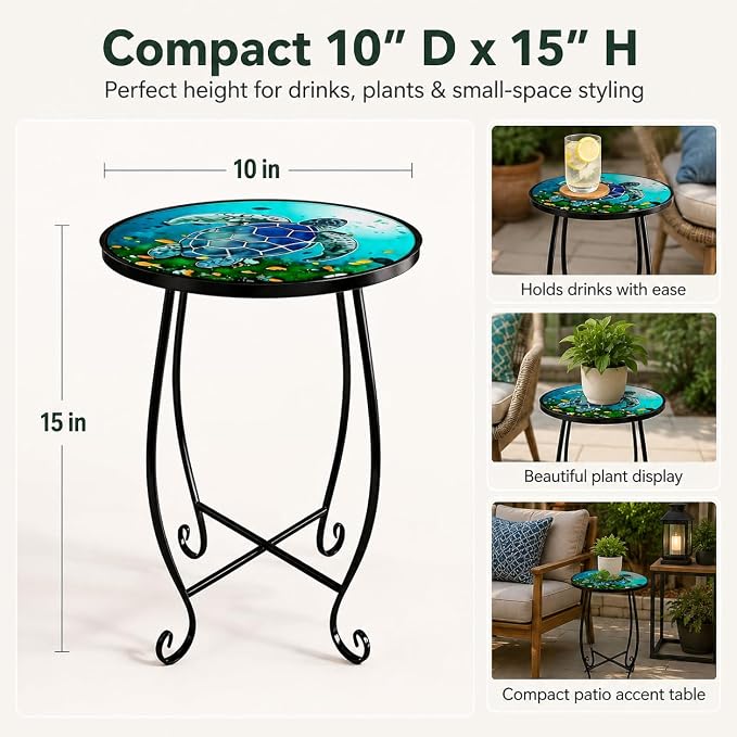 2-Pack 15 Inch Tall Mosaic Patio Side Tables Style, Metal Folding Turtle Table Set, Shatterproof Outdoor Patio Table for Porch Deck, Rust Resistant Small Garden Table (Set of 2)