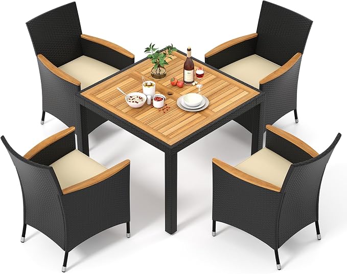Tangkula 5 Pieces Rattan Outdoor Dining Set for 4, Outdoor Acacia Wood Table Set with 4 Cushioned Wicker Chairs, Umbrella Hole, Patio Dining Furniture Set for Deck Pool Backyard