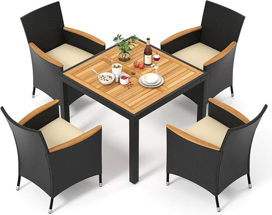Tangkula 5 Pieces Rattan Outdoor Dining Set for 4, Outdoor Acacia Wood Table Set with 4 Cushioned Wicker Chairs, Umbrella Hole, Patio Dining Furniture Set for Deck Pool Backyard