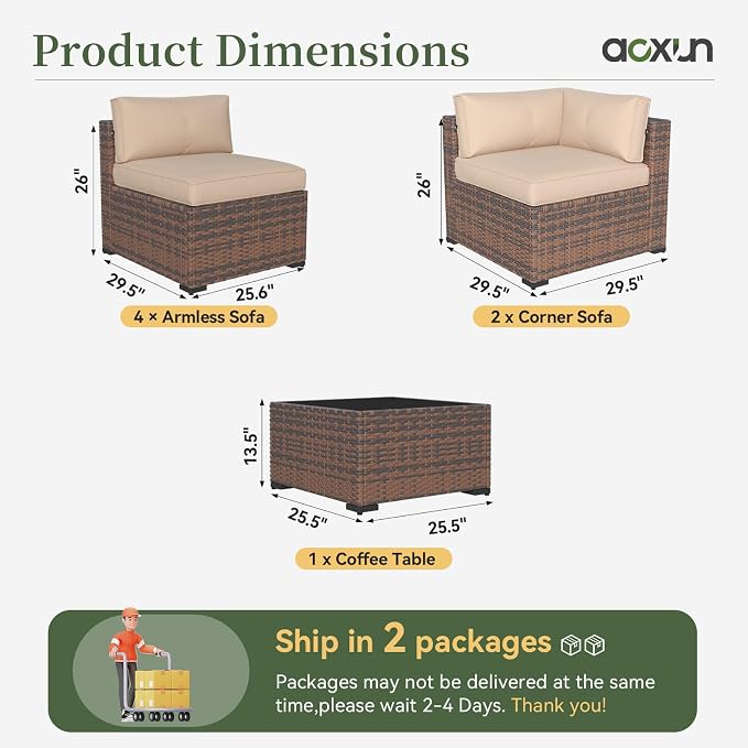 Aoxun 7 Piece Patio Furniture Set Wicker Rattan Patio Conversation Set Outdoor Sectional Sofa Set with Coffee Table and Thickened Cushions, Beige