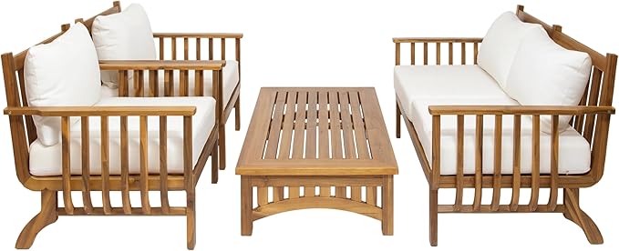 Merax 4-Piece Mid-Century Modern Acacia Wood Patio Seating Set | Outdoor Conversation Set with Loveseat, Club Chairs & Slatted Coffee Table, Weather-Resistant Cushions for Deck Poolside