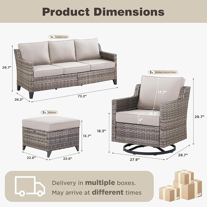 Belord Patio Wicker Swivel Rocker Patio Chairs with 3-Seater Sofa, Outdoor Rattan Chairs for Deck Porch Garden, 5 Piece Patio Conversation Furniture Set,Beige
