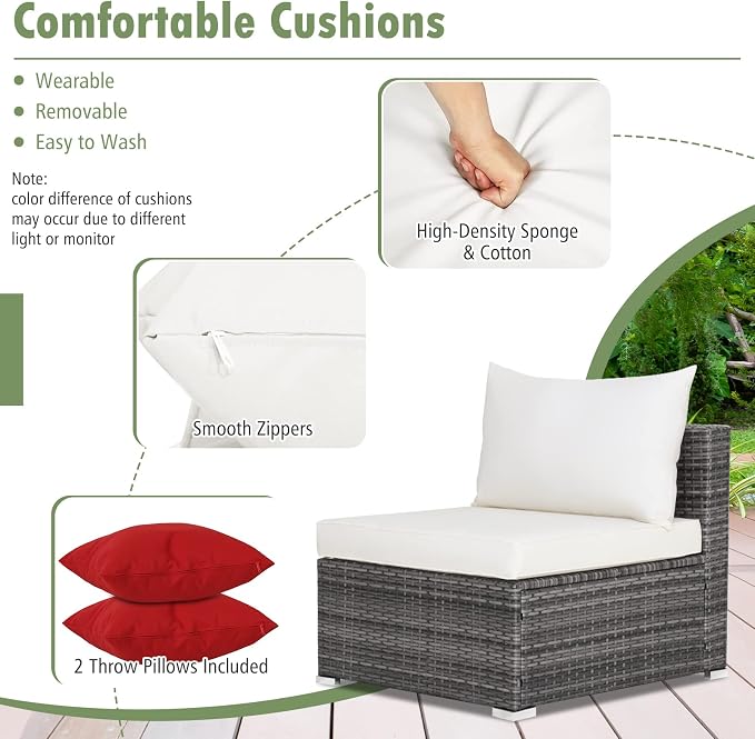DORTALA 7 Pieces PE Rattan Patio Furniture Set, All-Weather Wicker Conversation Set W/Soft Cushions & Pillows, Coffee Table, Outdoor Sectional Sofa Set for Balcony, Poolside, Backyard, White