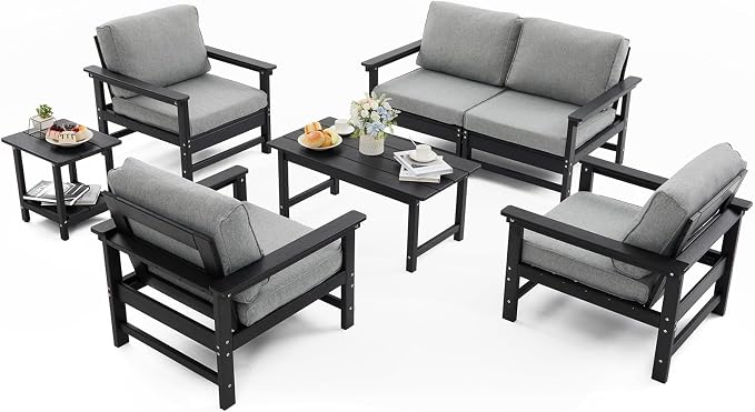HDPE Outdoor Patio Furniture Set with Cushions, 7 Piece Patio Conversation Set Sofa Set,All Weather Outdoor Couch Set with Coffee Table for Lawn, Garden, Deck
