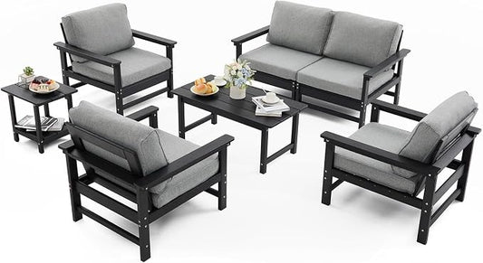 HDPE Outdoor Patio Furniture Set with Cushions, 7 Piece Patio Conversation Set Sofa Set,All Weather Outdoor Couch Set with Coffee Table for Lawn, Garden, Deck