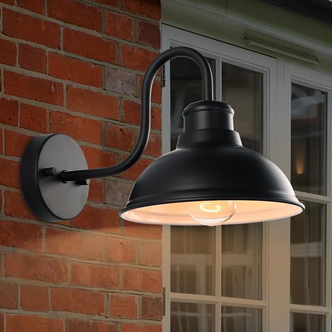 Gooseneck Barn Light Outdoor Wall Lights 8" Exterior Lighting Fixtures | Anti-Rust Waterproof Farmhouse Industrial Vintage Wall-Mount Matte Black for Porch/Patio Garage/Yard ETL Listed