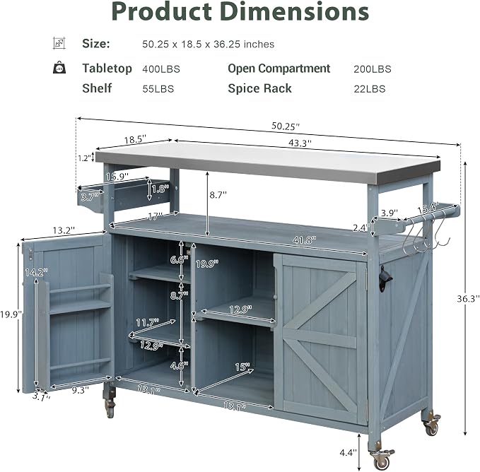 Outdoor Grill Table Bar Cart with Stainless Steel Top, Farmhouse Solid Wood Outdoor Kitchen Island with Spice Rack and Towel Rack, Rolling Island Cart for Kitchen, BBQ, Garden, Patio, Grey Blue
