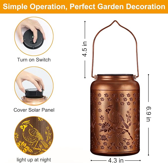 Solar Lanterns Outdoor Waterproof Garden Decor Gifts for Women Mom Grandma | Garden Lantern with Flower Shadow Projection, Decorative Solar Light for Patio Porch Yard Tree (Red Bird)