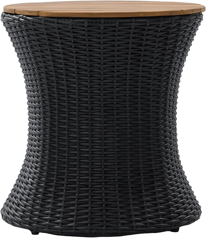 Christopher Knight Home Fenton 17.5" Outdoor Side Table, Round Patio End Table with Wood Top and Wicker Base, Small Outdoor Coffee Table for Balcony Garden Poolside, Accent Garden Stool, Black+Natural