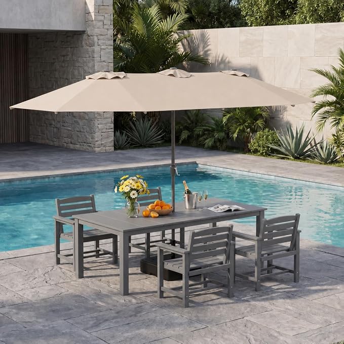 5-Piece Outdoor Dining Set with 15FT Umbrella for 4,Gray | 75.2'' HDPE table, chairs included, weather-resistant furniture with hole, ideal for lawn, poolside, yard, garden, deck
