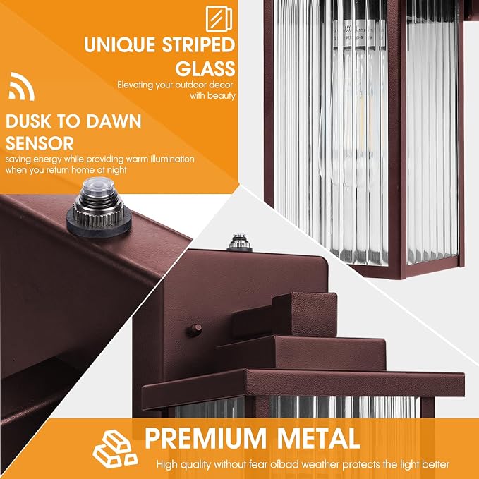 2-Pack 13" Bronze Dusk to Dawn Wall-Mounted Exterior Light Fixtures | Auto On and Off, Anti-Rust Metal Frame, Tempered Glass, E26 Socket, Easy DIY Install on Porch, Garage