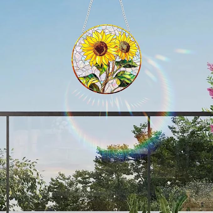 Acrylic Suncatcher Window Hanging, Sunflower Sun Catcher Rainbow Indoor Window Decoration for Living Room Bedroom Summer Home Balcony Ornaments, 7.87 inches