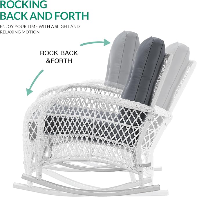 VIVIJASON 4-Piece Patio Wicker Conversation Set, All Weather Outdoor Rattan Furniture Set Includes Glider Loveseat, Coffee Table, 2 Rocking Chairs with Cushions for Backyard, White/Grey