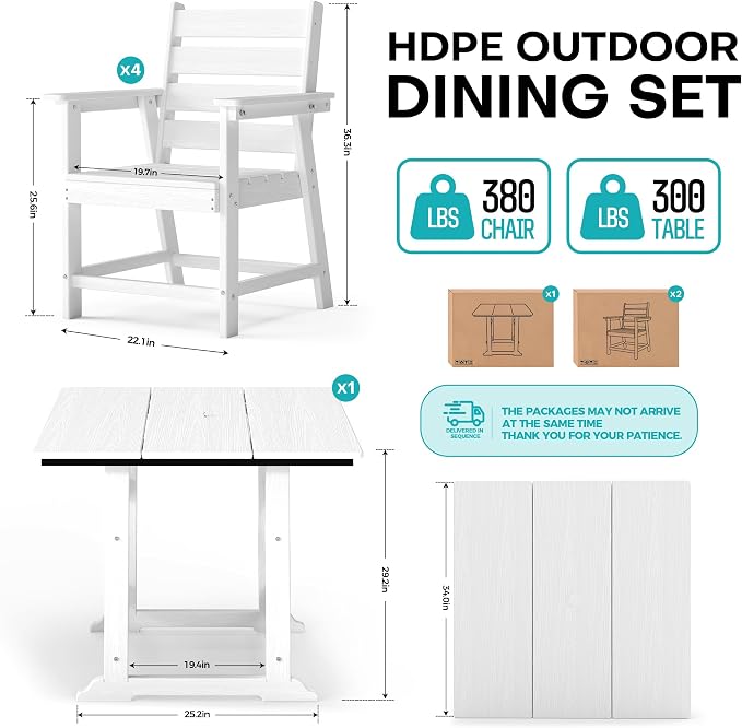 5 Piece Patio Dining Set, HDPE All-Weather Furniture with 4 Chairs & 1 Square Table, for Backyard, Garden, White