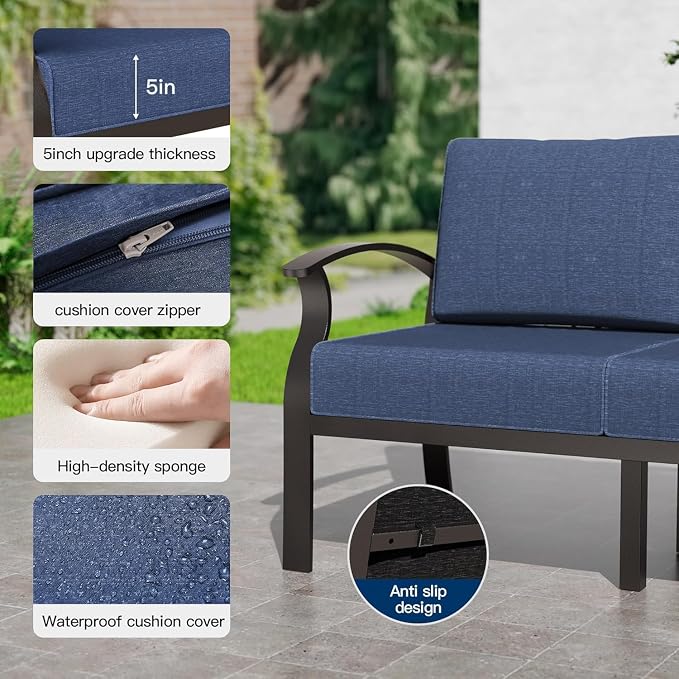 Kullavik Aluminum Patio Furniture Set,7 Piece Modern Metal Outdoor Patio Furniture w/5.1'' Thick Cushion,Swivel Chairs,Ottomans and Propane Fire Pit Table,Patio Conversation Sets for Porch,NavyBlue