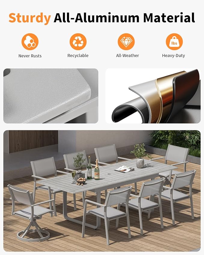 9 Pieces Extendable Outdoor Dining Table Set, Aluminum Patio Dining Set with Swivel Chairs, Expandable Outdoor Dining Table and 6 Stackable Textilene Dining Chairs for Deck, Balcony, Yard