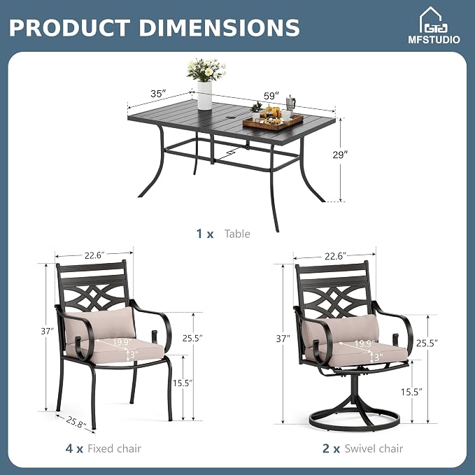 MFSTUDIO 7 PCS, Patio Dining Set, 59"×35", 4 Swivel Chairs, Umbrella Hole | Steel, Metal, Weather resistant, Easy to clean, E-coated frame