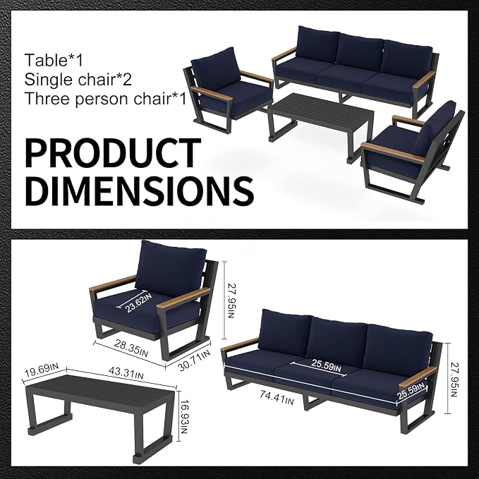 Aluminum Outdoor Patio Furniture Set with Coffee Table,4 Piece Patio Conversation Sets with Washable Thick Cushions, Outdoor Sectional Furniture Set for Porch, Balcony, Deck, Yard, Blue